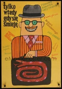 5f890 ONLY WHEN I LARF Polish 23x32 1973 wacky Jerzy Flisak art of man with snake suitcase!