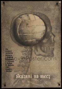 5f908 TRETIY TAYM Polish 23x33 1964 wild art of football/soccer ball in skull by Maurycy Stryjecki!