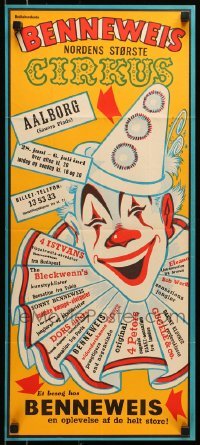 5g059 BENNEWEIS 12x28 Danish circus poster 1950s really cool art of a laughing clown!