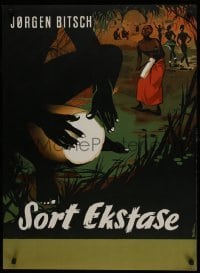 5g163 SORT EKSTASE Danish advertising poster 1955 Stilling art of drum players & women dancing!