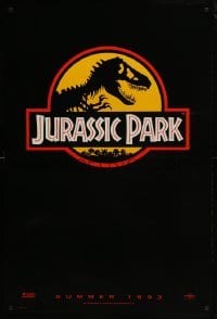 5g738 JURASSIC PARK teaser 1sh 1993 Steven Spielberg, classic logo with T-Rex over yellow background