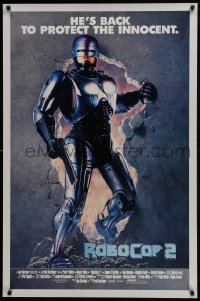 5g879 ROBOCOP 2 int'l 1sh 1990 full-length cyborg policeman Peter Weller busts through wall, sequel!
