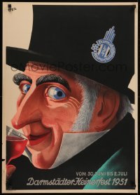 5g464 HEINERFEST 24x33 German special poster 1951 close-up art of happy drinker by Hartmuth Pfeil!