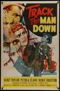 5g961 TRACK THE MAN DOWN 1sh 1955 cool art of detective Kent Taylor tracing footsteps, Petula Clark
