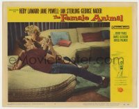5h364 FEMALE ANIMAL LC #2 1958 Jane Powell about to kiss George Nader on huge sectional couch!