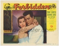 5h386 FORBIDDEN LC #6 1954 romantic close up of Tony Curtis & sexy Joanne Dru embracing!