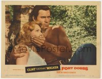 5h388 FORT DOBBS LC #4 1958 barechested Clint Walker puts his hand over Virginia Mayo's mouth!