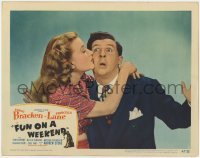 5h396 FUN ON A WEEKEND LC #5 1947 close up of Eddie Bracken being kissed by pretty Priscilla Lane!