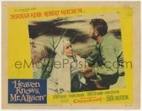 5h435 HEAVEN KNOWS MR. ALLISON LC #8 1957 c/u of scruffy Robert Mitchum helping nun Deborah Kerr!