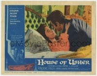 5h466 HOUSE OF USHER LC #8 1960 close up of Myrna Fahey & Mark Damon in bed, Edgar Allan Poe!