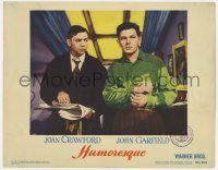 5h472 HUMORESQUE LC #3 1946 c/u of John Garfield with Oscar Levant holding cigarette & newspaper!