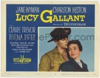 5h586 LUCY GALLANT LC #8 1955 close up of cowboy Charlton Heston nuzzling Jane Wyman's hair!
