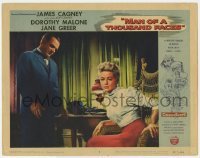 5h604 MAN OF A THOUSAND FACES LC #2 1957 James Cagney as Lon Chaney looks down at Dorothy Malone!