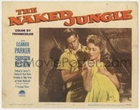 5h660 NAKED JUNGLE LC #4 1954 close up of Charlton Heston behind Eleanor Parker undressing!