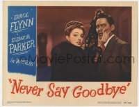 5h669 NEVER SAY GOODBYE LC 1946 pretty Eleanor Parker in fur coat squeezes Errol Flynn's face!