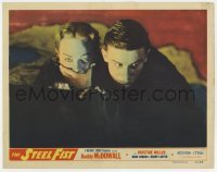 5h850 STEEL FIST LC #1 1952 c/u of Roddy McDowall putting his hand over Kristine Miller's mouth!