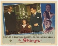 5h861 STRANGER LC 1946 Edward G. Robinson shows a piece of paper to Loretta Young by projector!