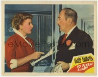 5h920 TO PLEASE A LADY LC #3 1950 c/u of Barbara Stanwyck & Adolphe Menjou arguing over headline!