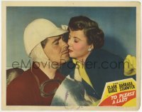 5h921 TO PLEASE A LADY LC #6 1950 Barbara Stanwyck gives race car driver Clark Gable good luck kiss!