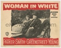 5h976 WOMAN IN WHITE LC #4 1948 close up of Sydney Greenstreet & Alexis Smith riding in buggy!