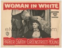 5h977 WOMAN IN WHITE LC #6 1948 close up of Sydney Greenstreet looking down at Alexis Smith!