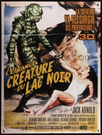 5j698 CREATURE FROM THE BLACK LAGOON French 1p R2012 art of monster holding sexy Julie Adams!