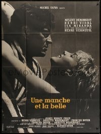 5j804 KISS FOR A KILLER yellow title French 1p 1957 c/u of sexy Mylene Demongeot & Henri Vidal!