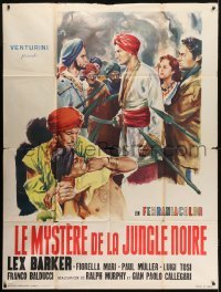 5j861 MYSTERY OF THE BLACK JUNGLE French 1p 1957 Geleng art of Lex Barker surrounded by spears!