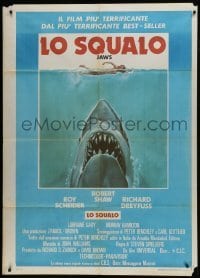 5j464 JAWS Italian 1p R1970s art of Steven Spielberg's classic man-eating shark attacking swimmer!