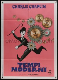 5j506 MODERN TIMES Italian 1p R1972 great image of Charlie Chaplin running with gears in background!