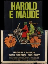 5j238 HAROLD & MAUDE Italian 2p 1974 great art of Ruth Gordon & Bud Cort on flower motorcycle!