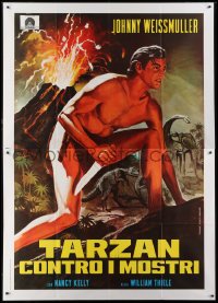 5j316 TARZAN'S DESERT MYSTERY Italian 2p R1970s Piovano art of Weissmuller, dinosaurs & volcano!