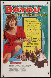 5k076 BAYOU 1sh 1957 Louisiana Cajun sex, Peter Graves, Bold! Brutal! Barbaric!