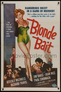 5k105 BLONDE BAIT 1sh R1950s full-length sexy smoking bad girl Beverly Michaels is a silken trap!