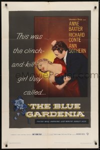 5k110 BLUE GARDENIA 1sh 1953 Fritz Lang, Anne Baxter, there was nothing lily-white about her!