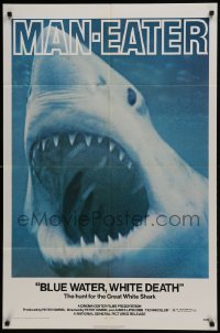 5k113 BLUE WATER, WHITE DEATH 1sh 1971 cool super close image of great white shark with open mouth!