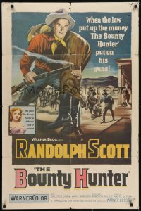 5k124 BOUNTY HUNTER 1sh 1954 when the law put up the money Randolph Scott put on his guns!
