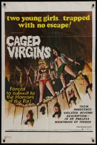 5k148 CAGED VIRGINS 1sh 1973 two sexy young girls trapped with no escape, great horror art!