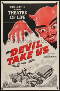 5k237 DEVIL TAKE US style A 1sh 1955 Herbert Morgan, incredible art of devil with cars on string!