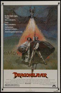 5k262 DRAGONSLAYER 1sh 1981 cool Jeff Jones fantasy artwork of Peter MacNicol w/spear & dragon!