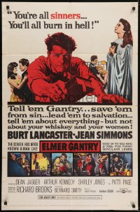 5k276 ELMER GANTRY 1sh 1960 Jean Simmons, Shirley Jones, Patti Page, Burt Lancaster in title role!