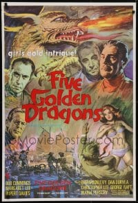 5k309 FIVE GOLDEN DRAGONS English 1sh 1967 cool montage art of Chris Lee, Kinski, Raft & Cummings!
