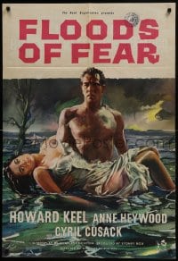 5k313 FLOODS OF FEAR English 1sh 1959 art of barechested Howard Keel holding sexy Anne Heywood!