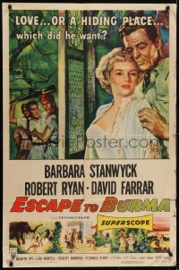 5k287 ESCAPE TO BURMA 1sh 1955 Robert Ryan & Barbara Stanwyck in the jungle!