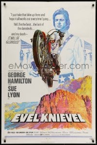 5k288 EVEL KNIEVEL 1sh 1971 George Hamilton is THE daredevil, great art of motorcycle jump!