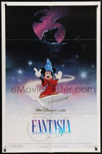 5k294 FANTASIA DS 1sh R1990 great image of Sorcerer's Apprentice Mickey Mouse, Disney classic!