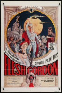 5k312 FLESH GORDON 1sh 1974 sexy sci-fi spoof, wacky erotic super hero art by George Barr!