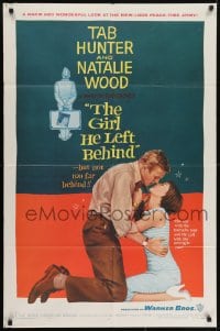 5k340 GIRL HE LEFT BEHIND 1sh 1956 romantic image of Tab Hunter about to kiss Natalie Wood!
