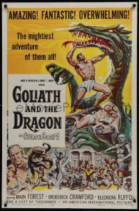 5k351 GOLIATH & THE DRAGON 1sh 1960 cool fantasy art of Mark Forest battling the giant beast!