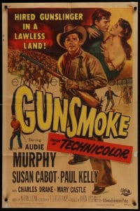 5k362 GUNSMOKE 1sh 1953 full-length art of Audie Murphy, a hired gunslinger in a lawless land!